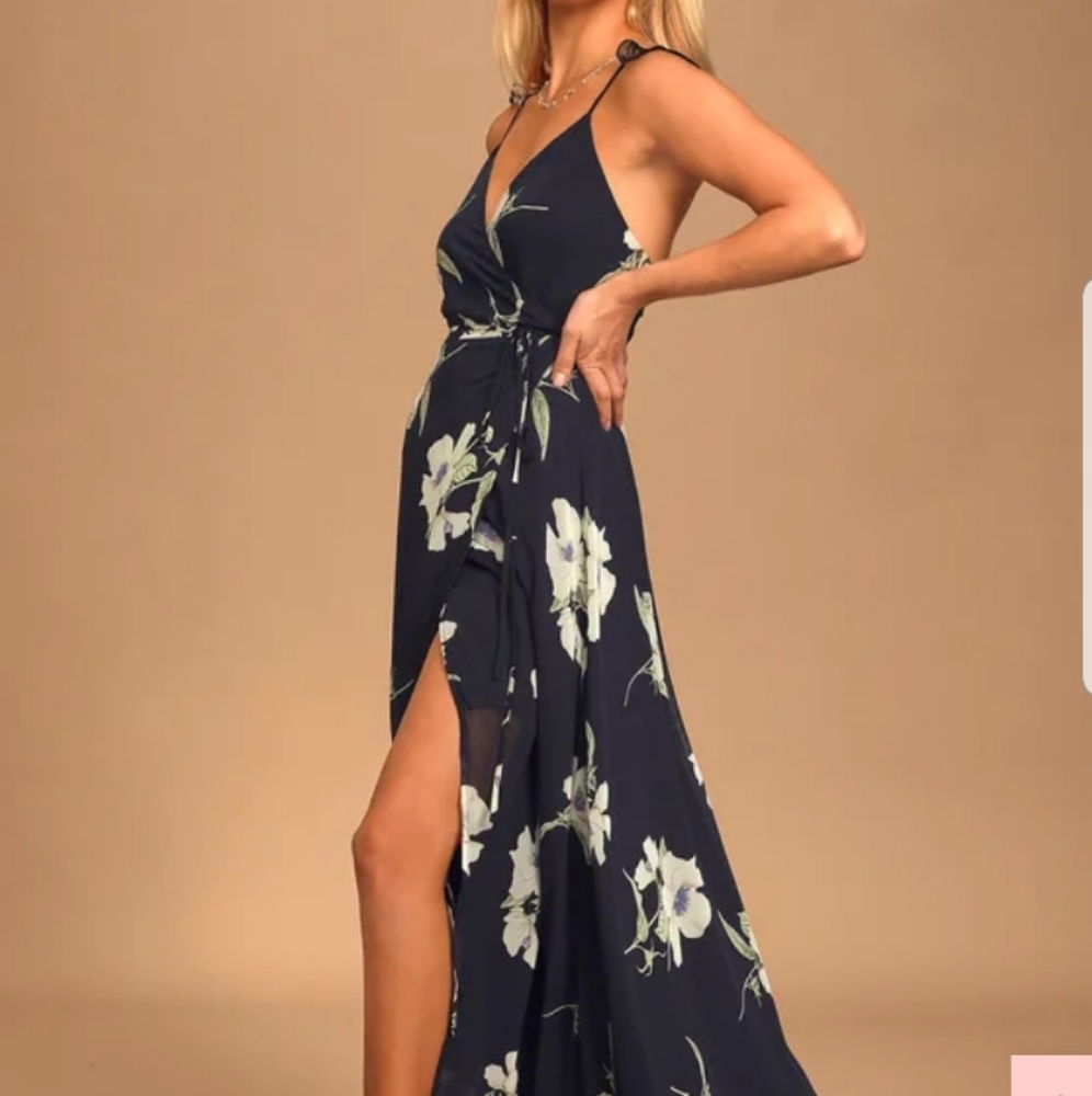 Navy Blue Floral Print Wrap Dress